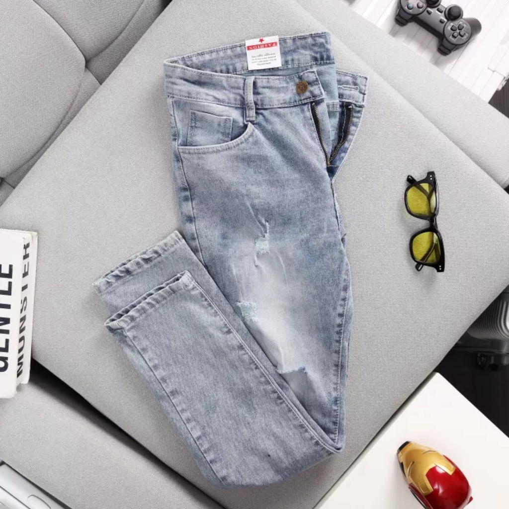 Quần jean rách gối nam co giãn tốt màu xanh ghi bạc xước mài Pon.mens hà nội hcm