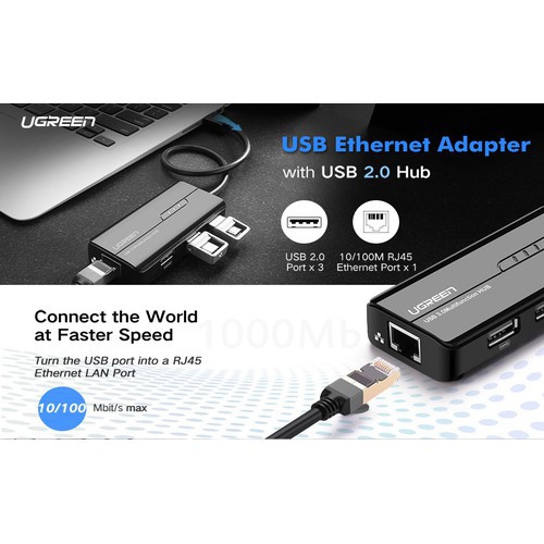 Bộ chia 3 cổng USB 2.0 tích hợp cổng mạng Ethernet cao cấp (Usb sang Lan) Ugreen 20264 - Hàng chính hãng