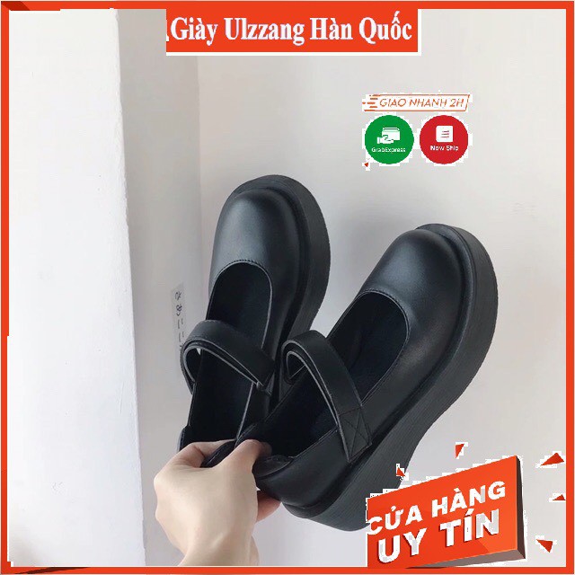 Giày Mary Jane Ulzzang đế bằng 5cm đen bóng, đen nhám phong cách Hàn Quốc