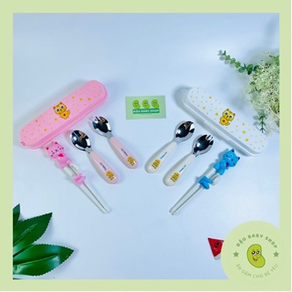 Bộ thìa dĩa inox, đũa tập ăn cho bé kèm hộp Happy Cat