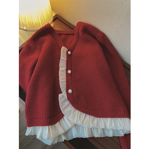 Áo len cardigan cổ V cài khuy phối voan vạt áo điệu đà tiểu thư vintage Hàn Quốc