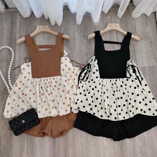 /set hot hai dây chấm bi/set babydoll chấm bi/video cận chất/