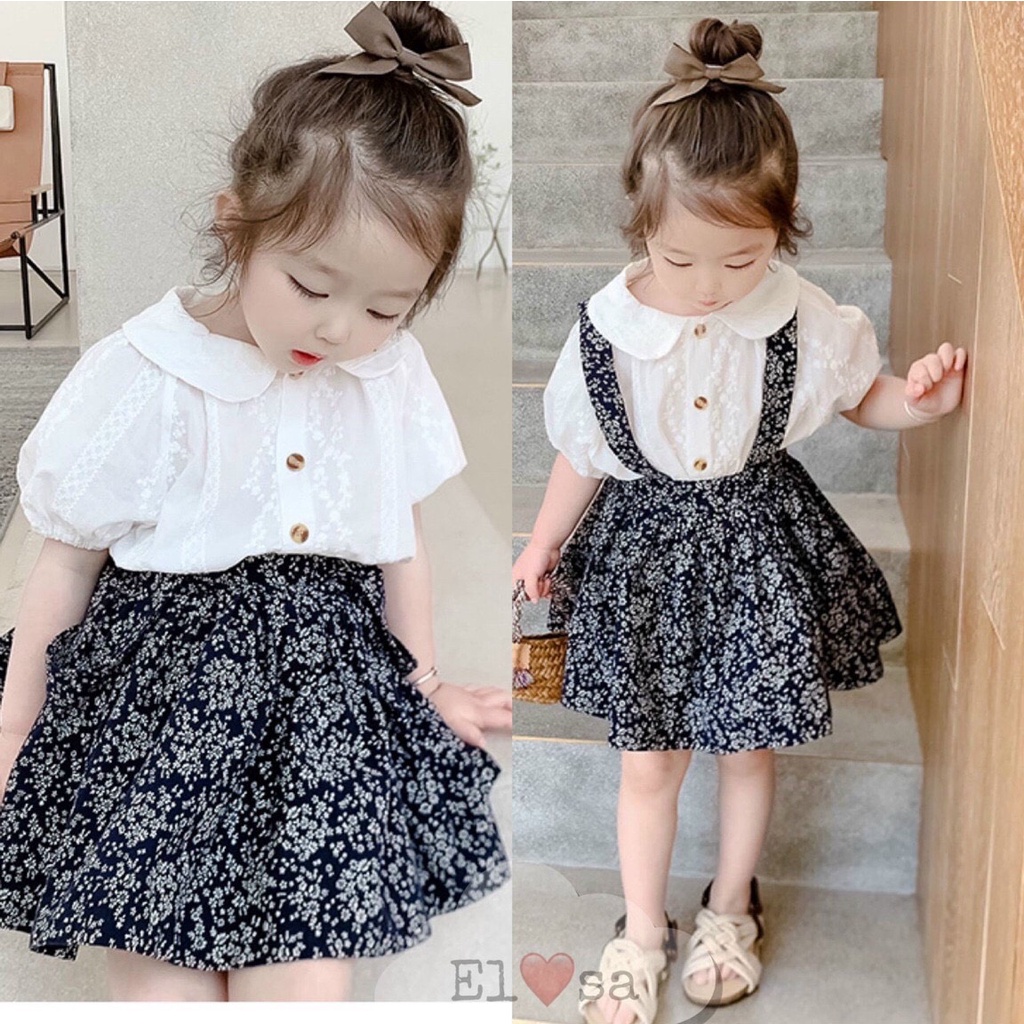 Set Yếm Chân Váy Thô Hoa Kèm Áo Cộc Tay Điệu Đà Cho Bé DOBO040