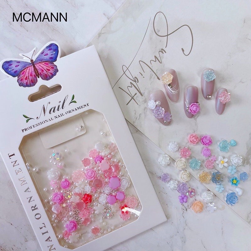 Khay phụ kiện hoa thạch nail mix 6 màu rất xinh – hoa thạch nhí nail mix bi trang trí móng phong cách Hàn Nhật