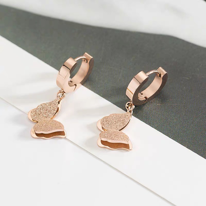 Khuyên Tai Hình Bướm Hai Lớp Mạ Vàng Hồng 18K Bằng Thép Không Gỉ Mạ Vàng Hồng Phong Cách Nhật Hàn Nhật Bản