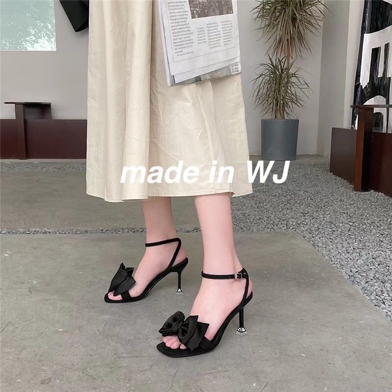 Aome - Sandals/Dép cao gót đính nơ phi lụa