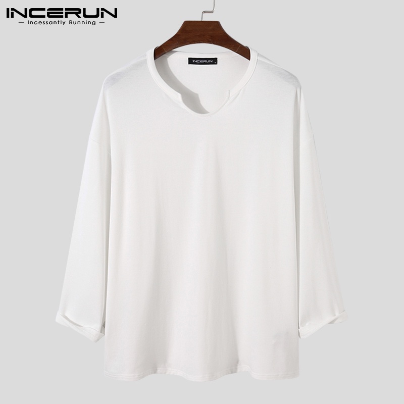 Áo thun Incerun dài tay cổ kiểu màu trơn 3 màu tùy chọn thời trang cho nam