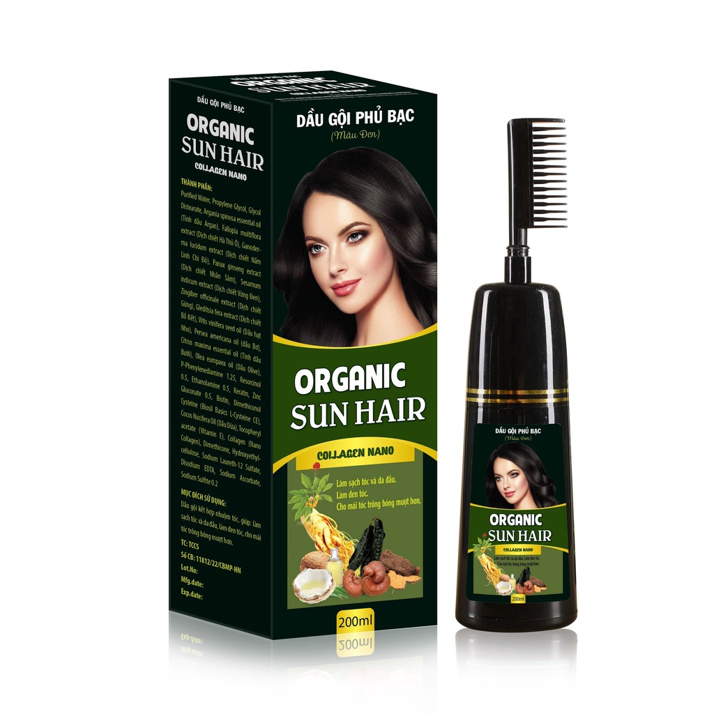 Dầu gội phủ bạc OGANIC SUN HAIR chính hãng đen tóc nâu tóc giúp tóc khỏe mạnh mềm mượt chai 200ml
