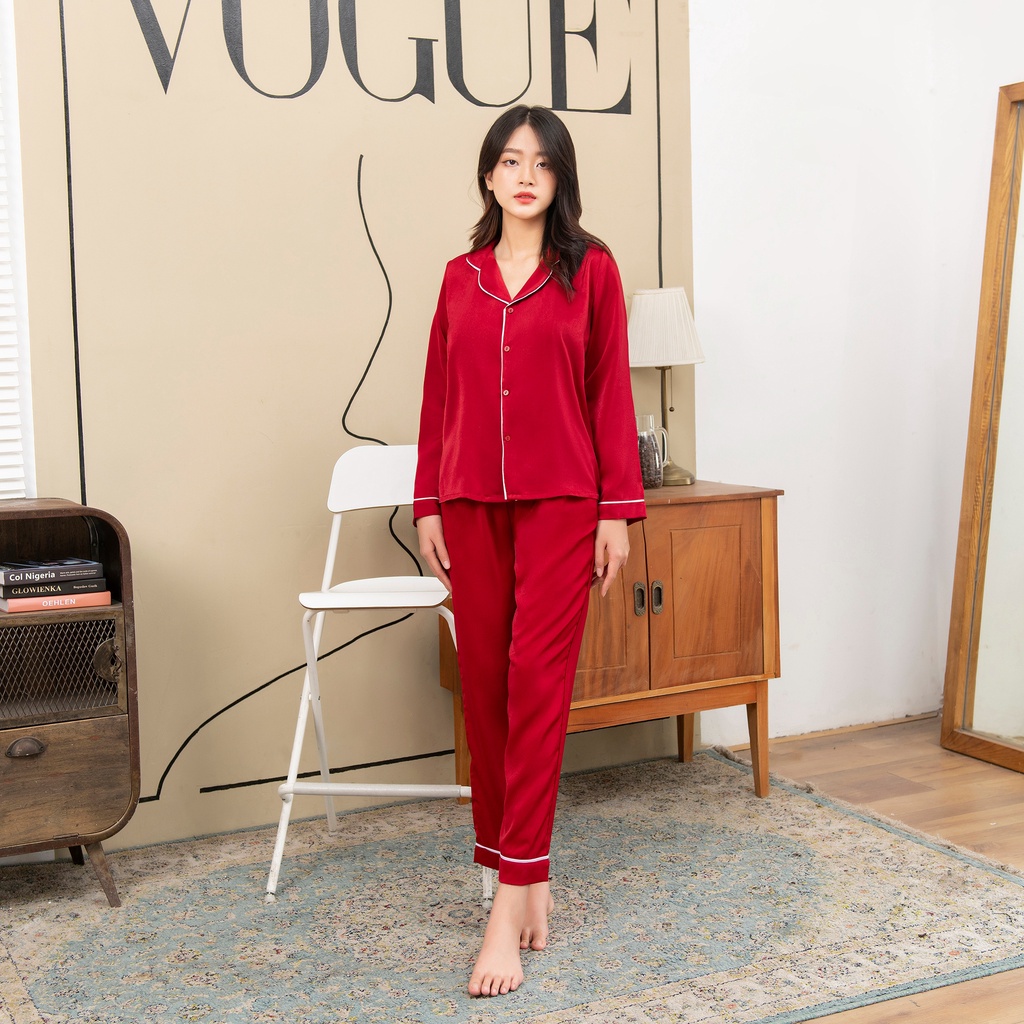 Bộ Lụa Pyjama Dài Tay Hàng Thiết Kế Chất Liệu Lụa Pháp Cao Cấp Mềm Mịn Không Nhăn Không Xù Không Phai Màu