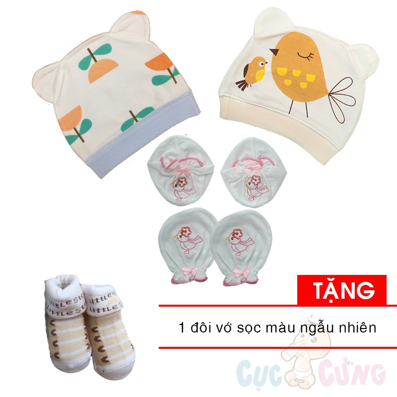 Combo 2 nón sơ sinh cho bé (bé gái) +  bao tay bao chân thêu TẶNG 1 đôi vớ cho bé sọc