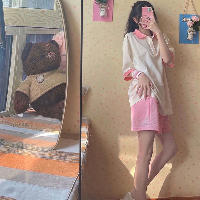 Set Đồ Thể Thao Ngắn Có Cổ Màu Hồng Trắng Mới Dành Cho Nữ