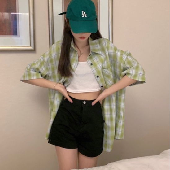 【ZHELIHANGFEI】Áo Sơ Mi Tay Ngắn Dáng Rộng Họa Tiết Sọc Theo Phong Cách Nhật Bản Dễ Phối Đồ