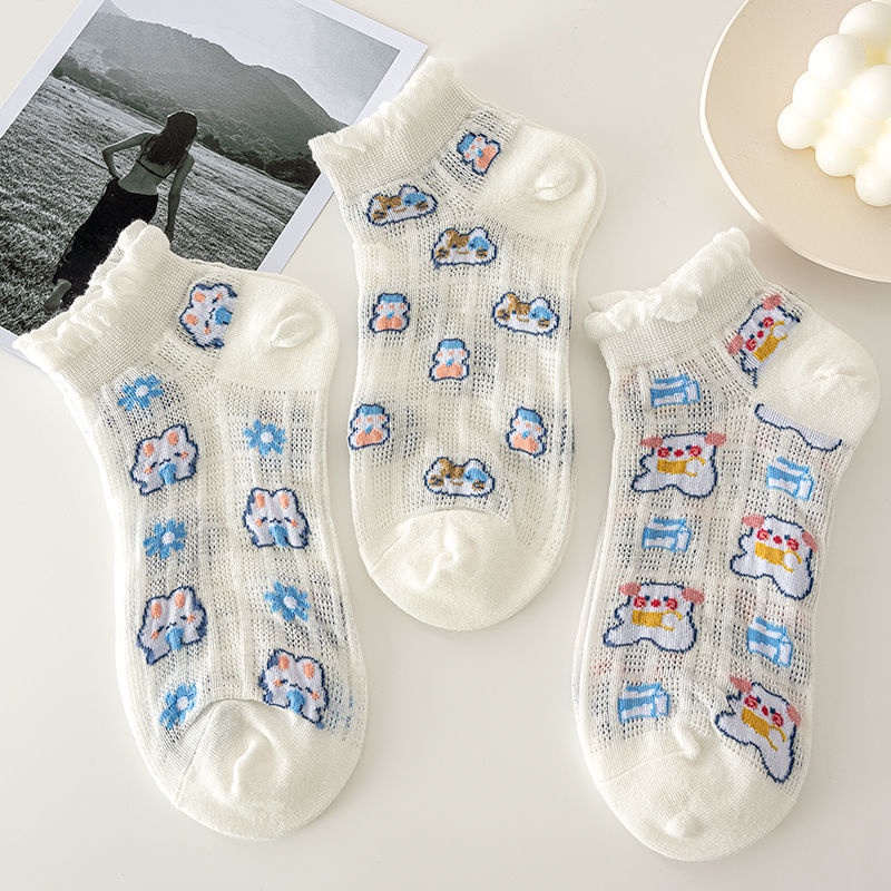 Vớ Ren Siêu Mỏng Thoáng Khí Màu Trắng Hình Gấu Dễ Thương Cho Nữ