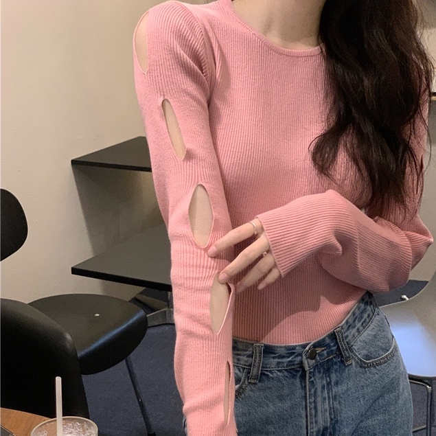 Áo dệt kim ZHELIHANGFEI tay dài khoét lỗ kiểu dáng quyến rũ cho nữ