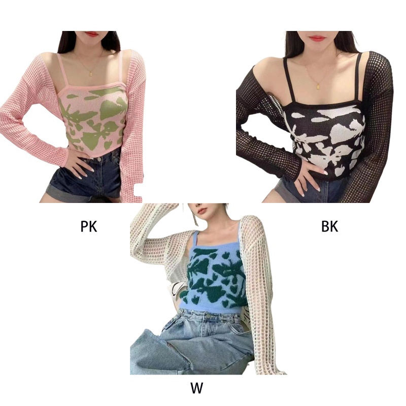 Set Áo Croptop Tay Dài In Họa Tiết Bươm Bướm + Áo Khoác Cardigan Thời Trang Cho Nữ