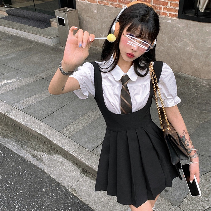 Bộ Áo Sơ Mi Ngắn Tay + Đầm Sát Nách Thời Trang Mùa Hè Dễ Phối Đồ Cho Nữ