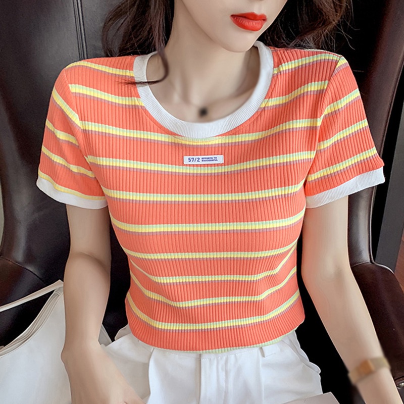 Áo Thun Dệt Kim Tay Ngắn Cổ Tròn Kẻ Sọc Màu Cầu Vồng Dễ Thương Cho Nữ