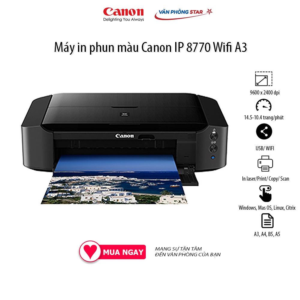 Máy in phun màu khổ A3 Canon iP 8770 in đảo mặt tự động tốc độ 29 trang/phút chính hãng bảo hành 24 tháng tại Vanphongst