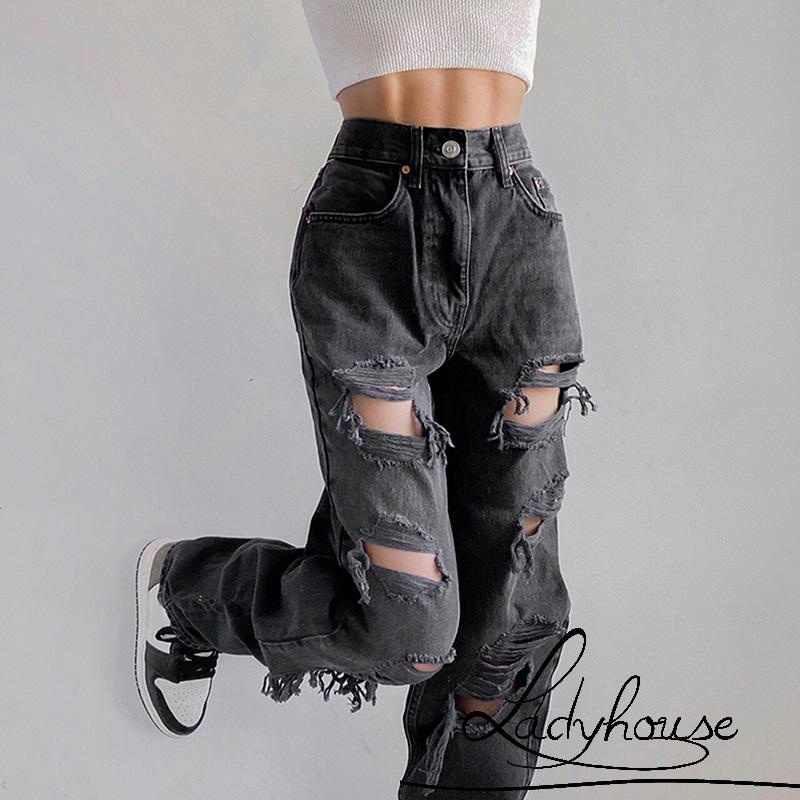 Quần jean dài ống rách lưng cao màu đen size S/M/L/XL thời trang xuân thu dành cho bạn nữ