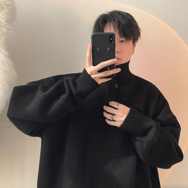 Áo Sweater Cổ Polo Dáng Rộng Màu Trơn Cài Nút Thời Trang Mùa Thu Cho Các Cặp Đôi