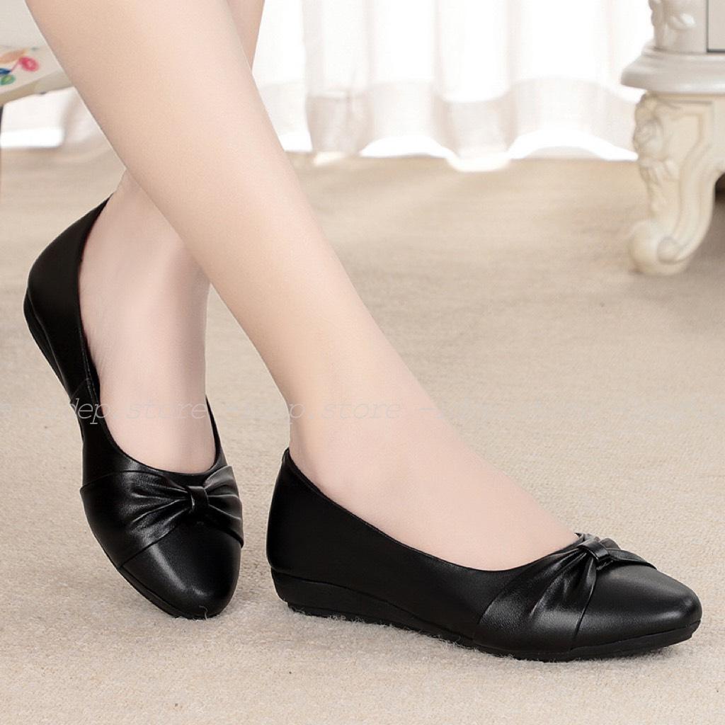 Giày búp bê nơ nhựa dẻo nữ giả da cao 3cm đi mưa đi làm công sở êm chân chống trơn trượt - Maipy G073 (Đen)