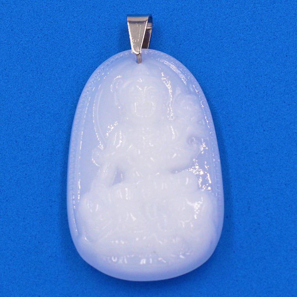 Mặt dây chuyền Phổ Hiền Bồ Tát đá tự nhiên trắng 5cm - Phật bản mệnh tuổi Thìn, Tỵ - Mặt size lớn - Tặng kèm móc inox