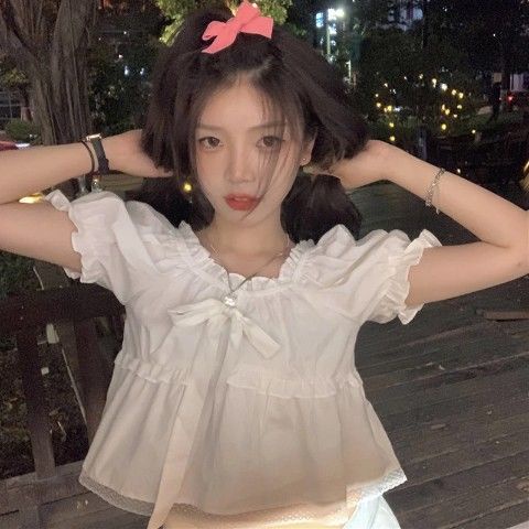 Áo Sơ Mi Trắng Tay Phồng Dáng Rộng Thắt Nơ Xinh Xắn Thời Trang Mùa Hè Cho Nữ