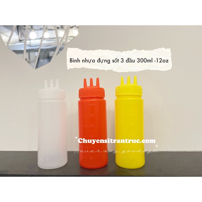 [Hàng sẵn ] Chai nhựa đựng sốt dạng sệt 3 đầu xịt, Bình đựng tương ớt, tương cà 3 tia xịt 12oz- 300ml (trắng, đỏ, vàng)