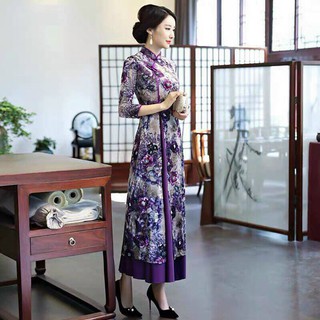 HÀNG NHẬP - ĐẦM NHUNG HOA TÍM PHỐI LỤA CỔ TÀU