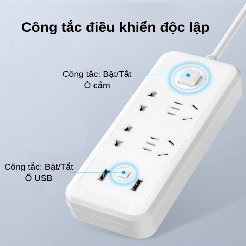 Ổ Cắm Điện Đa Năng Tích Hợp Cổng USB, Ổ Điện Chịu Tải 2500W Dây Nối Dài 2.8m Công Tắc Có Nắp Bịt An Toàn Chống Giật