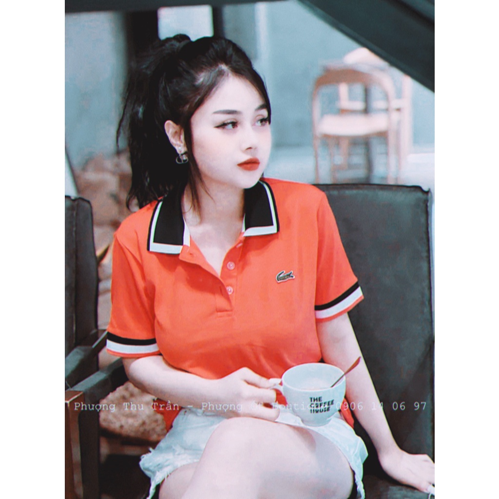 ÁO POLO NỮ CÁ SẤU MÀU CAM PHỐI CỔ ĐEN CHO NỮ