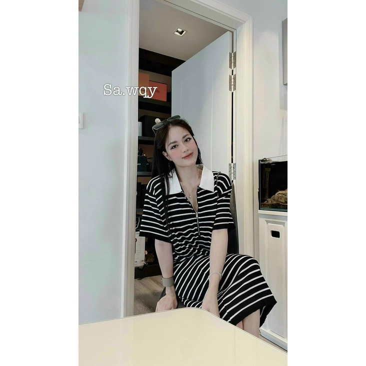 Váy suông sọc cổ viền dây kéo đi chơi du lịch siêu đẹp năng động