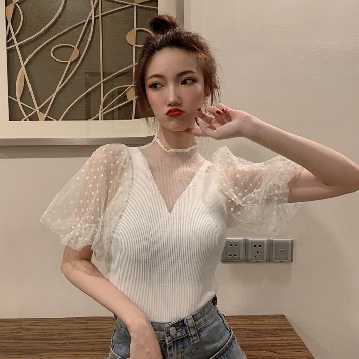 Áo sơ mi kiểu nữ tay lưới ngắn Emilyshop