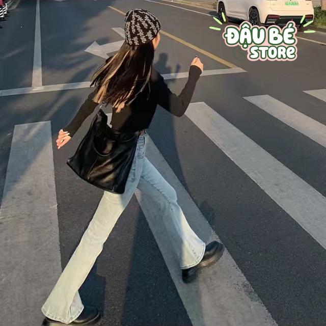 Quần Jeans Ống Loe Cạp Cao Ulzzang Cao Cấp - Quần Bò Ống Suông Đứng Lưng Cao Thời Trang - Daube - Q035