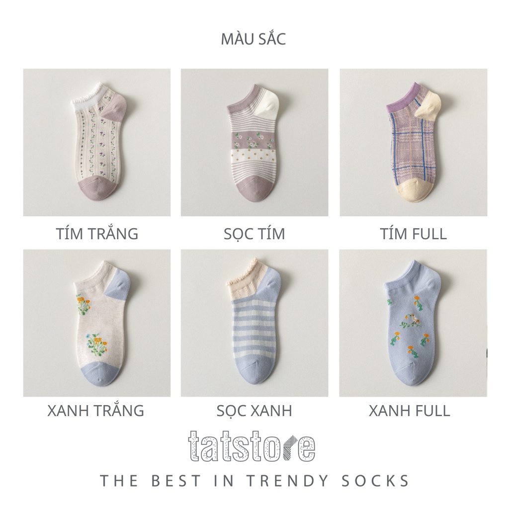 Tất nữ cổ thấp ngắn Hàn Quốc màu cute màu rất xinh tím và xanh họa tiết hoa nhí TẤT STORE 2CNF17
