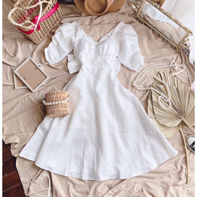 Váy Trắng Xẻ Ngực Nơ Lưng Tay Nhún Phồng Dự Tiệc Chất Taffa V174 Size S M AĐ BOUTIQUE