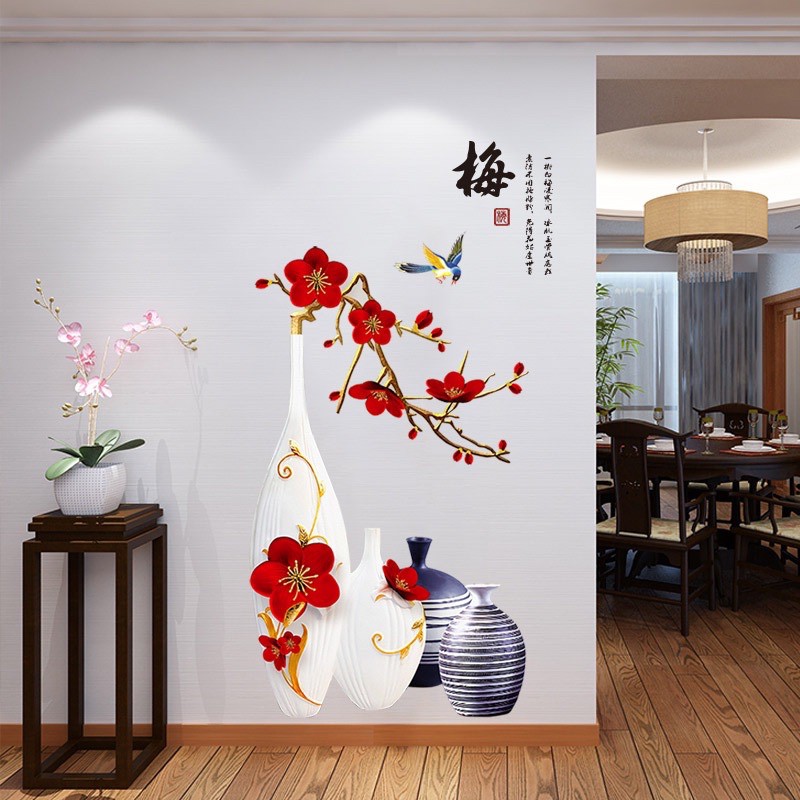 Decal dán tường mẫu bình hoa đỏ kt 1m1 rộng 80cm