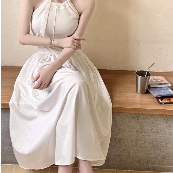 [MURIOKI] Đầm Trắng Dáng Dài Không Tay Thắt Nơ Phong Cách Hàn Quốc Thanh Lịch Dành Cho Nữ