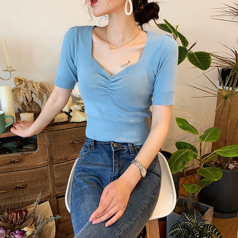 Áo Thun Dệt Kim Tay Ngắn Cổ Chữ V Phong Cách Hàn Quốc Thời Trang Mùa Hè Mới Dành Cho Nữ