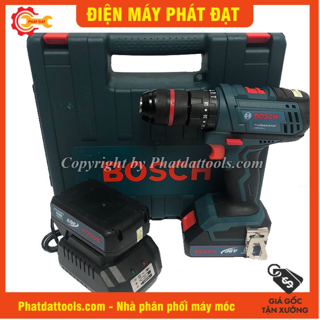 Máy khoan pin Bosh 36V-Đầu kẹp kim loại 13mm-Có chức năng khoan búa-Bảo hành 6 tháng