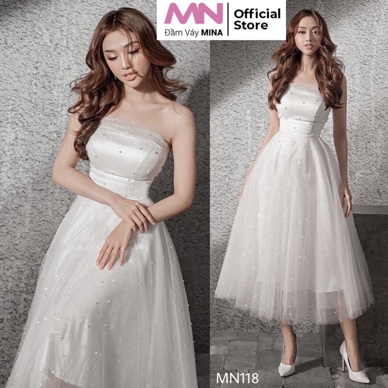 Đầm cúp ngực trắng kim tuyến dáng xoè midi MINA phù hợp dự tiệc dạ hội siêu xinh đẹp lộng lẫy như công chúa MN118