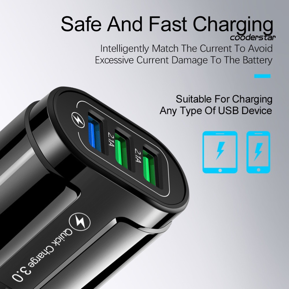 ★COOD★Portable Travel QC3.0 3A Fast Charging Phone Adapter 3 USB Ports Wall Charger
