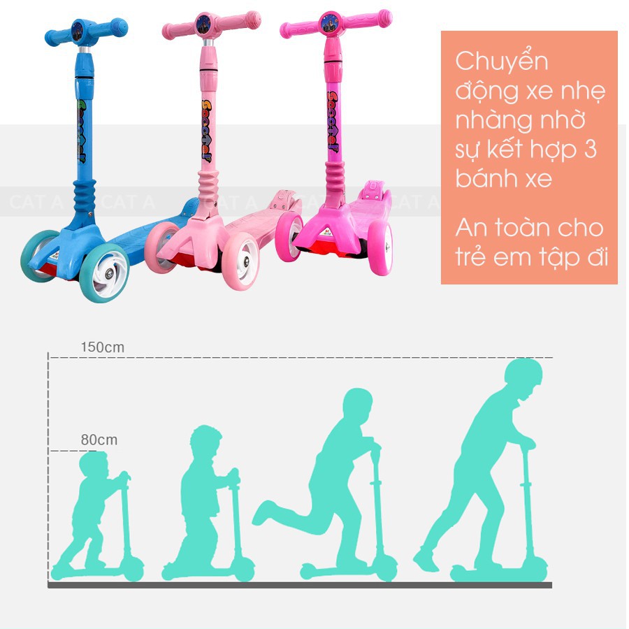 [BH Chính Hãng] XE TRƯỢT SCOOTER  CAO CẤP JC750  -  Bánh xe cao su có đèn phát sáng, gấp gọn, tải trọng cao !