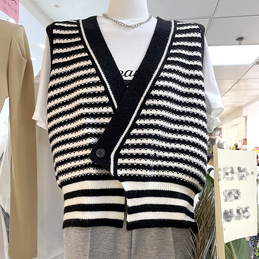 Áo khoác Cardigan dệt kim không tay kẻ sọc thời trang retro cho nữ