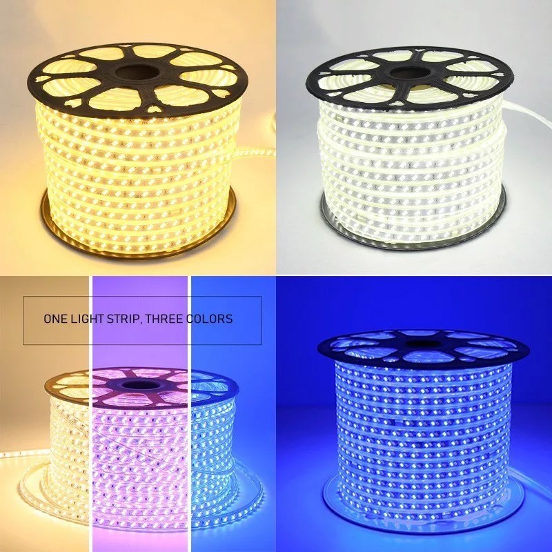 Đèn LED Dây 5730 đổi màu 3 chế độ vàng-dương-tím bộ 10m 15m 20m có kèm sẵn NGUỒN NỐI 220V trang trí hắt trần, bàn tủ kệ