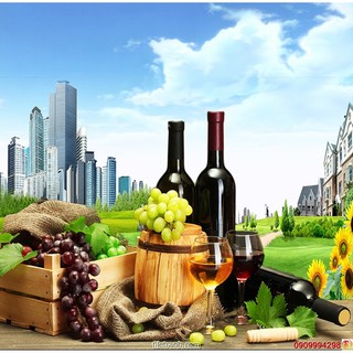 Tranh dán tường 3d trái cây, hình bình rượu, tranh dán phòng bếp, nhà ăn