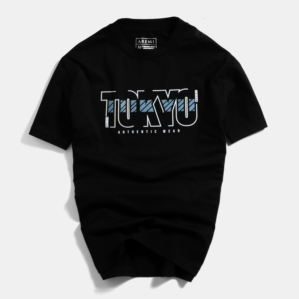 Áo thun nam cổ tròn AREMI, màu đen in, vải cotton co giản, thiết kế phong cách đơn giản ATS0019