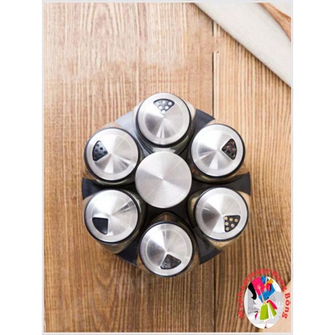 Set 6 lọ gia vị thủy tinh kèm giá đỡ xoay 360 độ