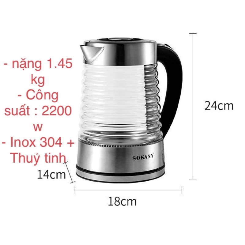 Ấm siêu tốc thuỷ tinh ( 2,2 lít, inox 304) SONAKY