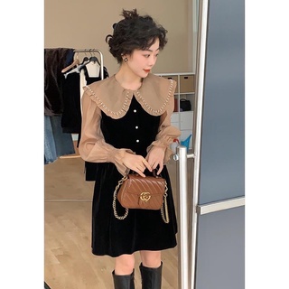 [ORDER] Váy Nhung Đen Phối Bèo Cổ Cho Nữ (Có Ảnh Cận Chất)